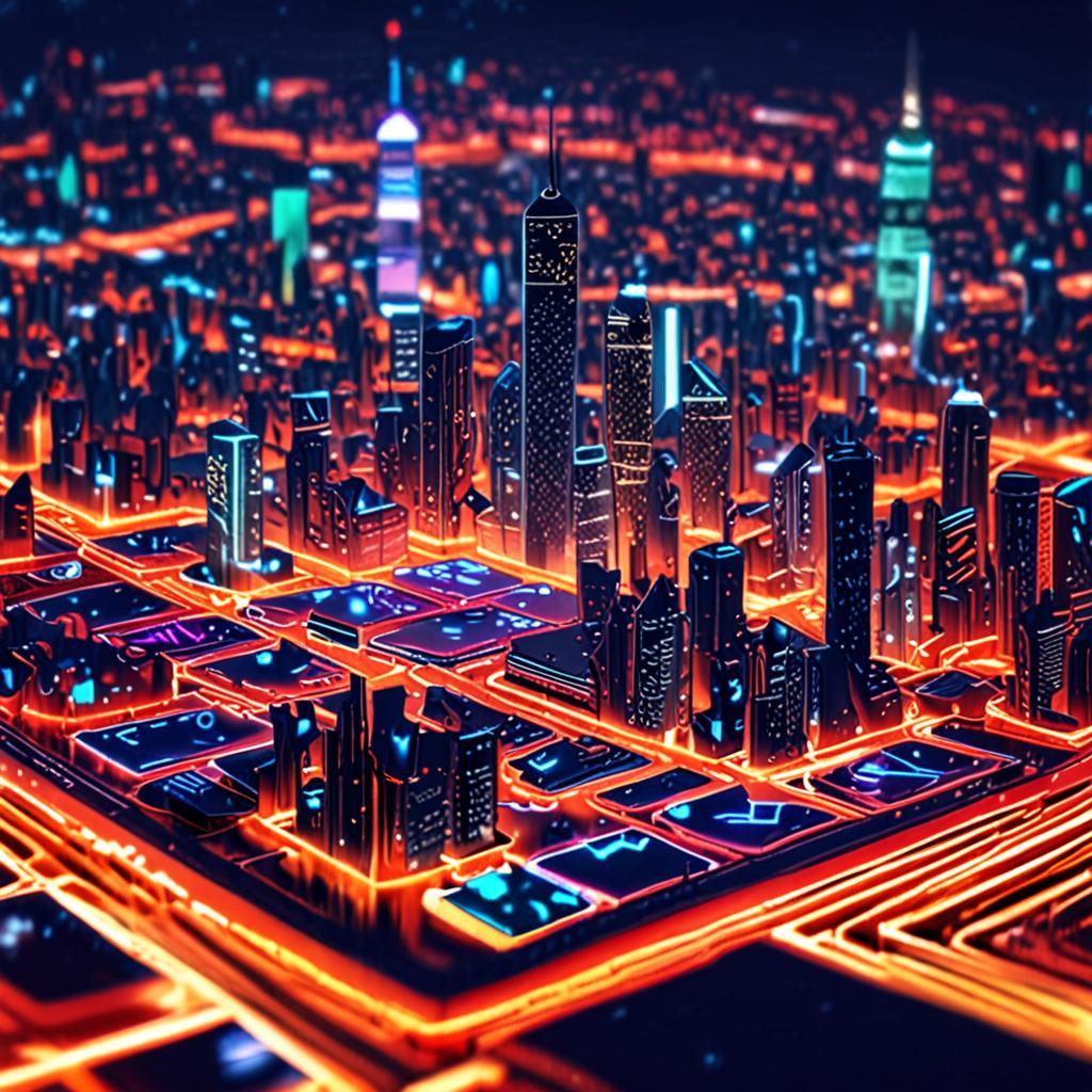A futuristic search engine interface with a holographic display of search results, surrounded by neon-lit circuit boards and a cityscape at dusk A futuristic search engine interface with a holographic display of search results, surrounded by neon-lit circuit boards and a cityscape at dusk