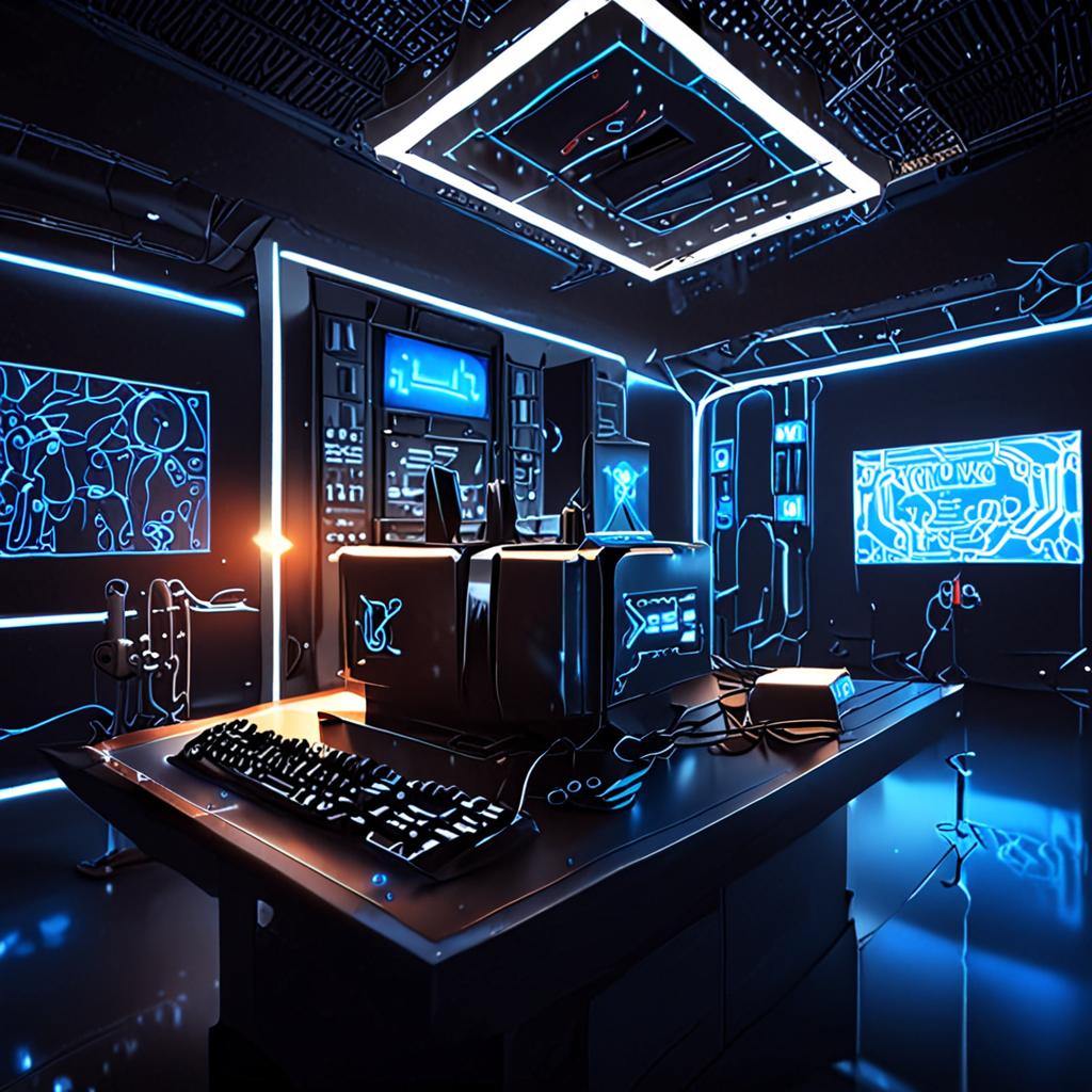 A sleek futuristic neural processor glowing in a dimly lit high-tech laboratory with blue fiber-optic cables, 8k resolution, cinematic. A sleek futuristic neural processor glowing in a dimly lit high-tech laboratory with blue fiber-optic cables, 8k resolution, cinematic.