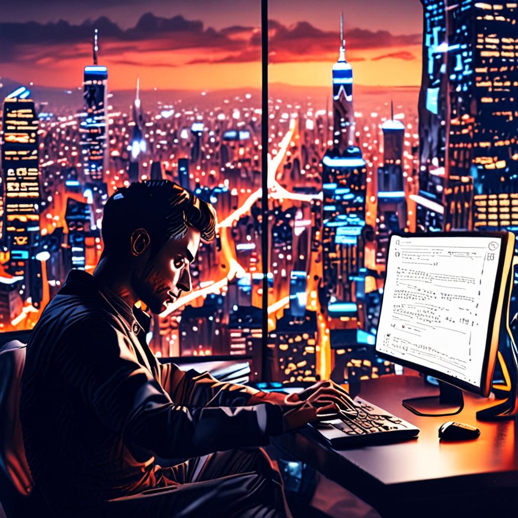 A futuristic depiction of a human writer and an AI writing system collaborating on a content creation project, with a cityscape in the background A futuristic depiction of a human writer and an AI writing system collaborating on a content creation project, with a cityscape in the background
