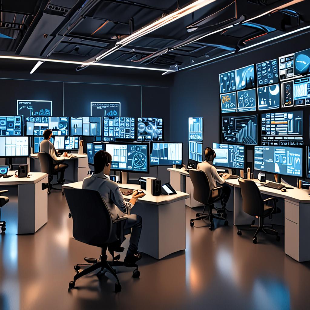 A futuristic data analysis laboratory with professionals working on AI-powered SEO tools, surrounded by screens displaying keyword trends, link graphs, and website analytics, 8k resolution, cinematic A futuristic data analysis laboratory with professionals working on AI-powered SEO tools, surrounded by screens displaying keyword trends, link graphs, and website analytics, 8k resolution, cinematic