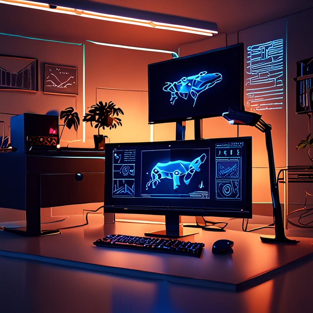 A sleek, futuristic workstation with holographic UI elements, an AI avatar projecting a live website preview, neon blue ambient lighting, 8K cinematic detail