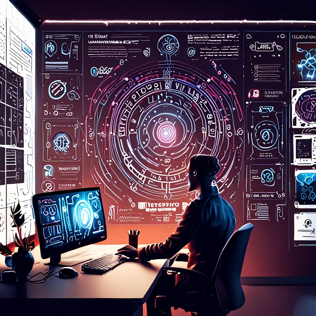 A futuristic diagram of the potential applications of AI in website development, featuring a complex interplay of tools, technologies, and techniques, 8k resolution, cinematic