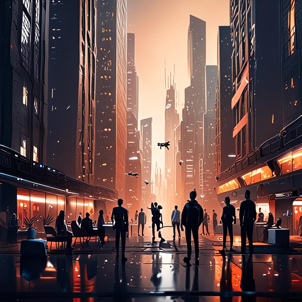 A futuristic cityscape with students working on AI-powered projects, surrounded by robots, drones, and virtual reality headsets, in a well-lit environment with a sleek, modern architecture A futuristic cityscape with students working on AI-powered projects, surrounded by robots, drones, and virtual reality headsets, in a well-lit environment with a sleek, modern architecture