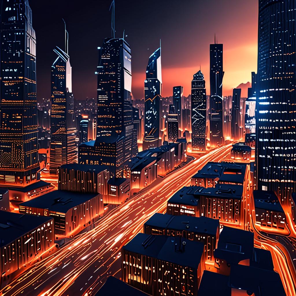 A futuristic depiction of a cityscape with glowing, interconnected data streams, representing the pervasive and transformative impact of AI