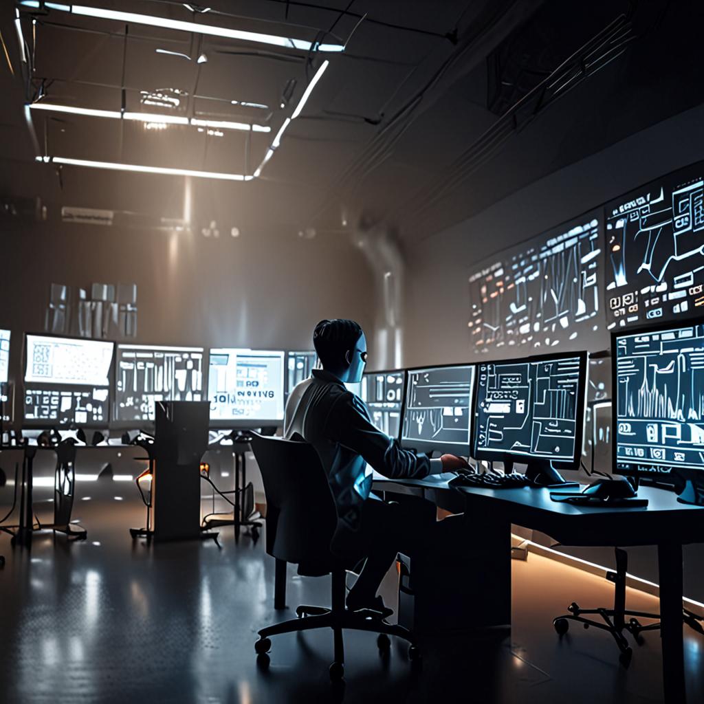 A dimly lit, high‑tech lab with a lone engineer typing code on a transparent screen, holographic data streams hovering above, cinematic, 8K A dimly lit, high‑tech lab with a lone engineer typing code on a transparent screen, holographic data streams hovering above, cinematic, 8K