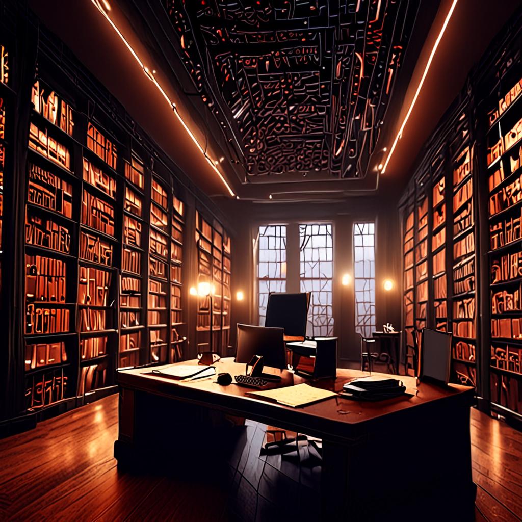 A high-tech digital workspace split down the center, featuring abstract glowing neural code pipelines on one side and an elegant vintage library with bound manuscripts on the other, dramatic atmospheric lighting, photorealistic, 8k resolution.