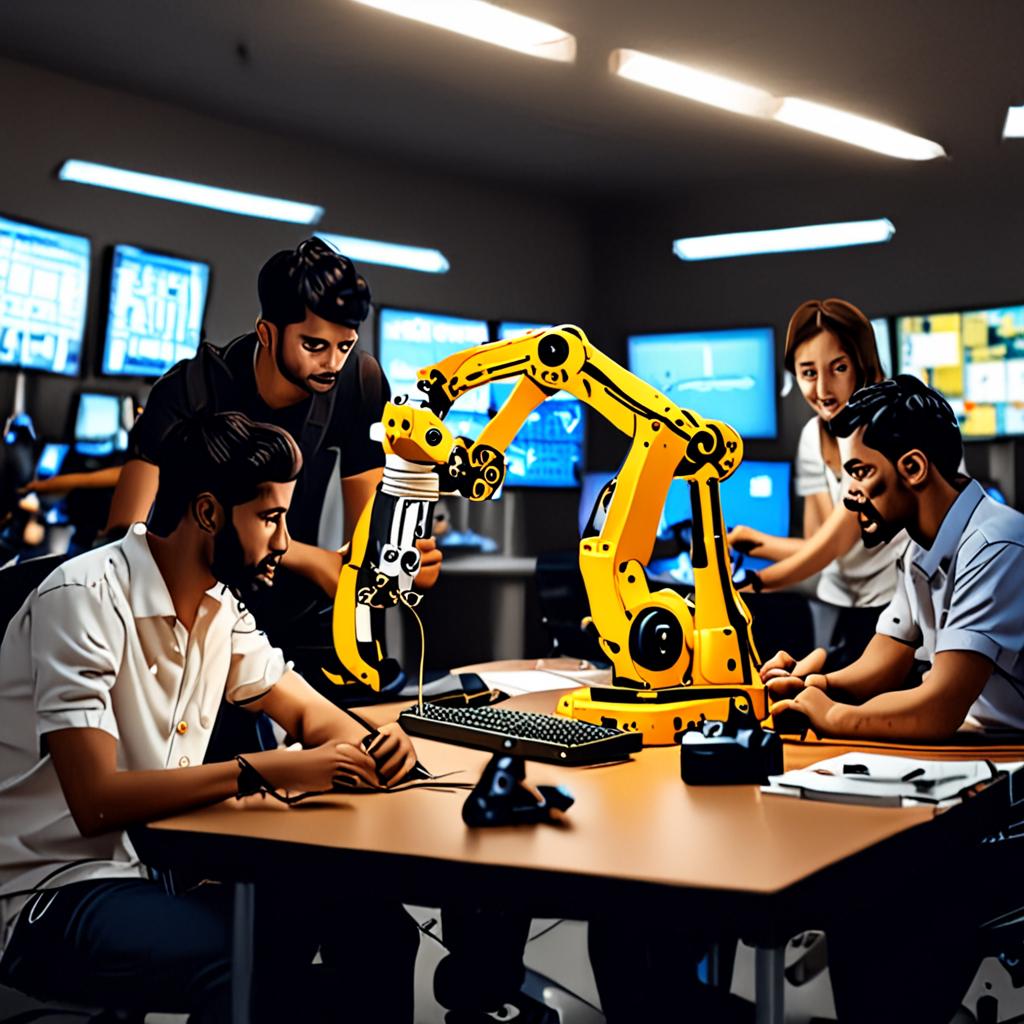 A group of students from a top Indian university working together on a project, with a robotic arm and coding screens in the background, highlighting the institution's focus on technological innovation and research, 8k resolution, cinematic