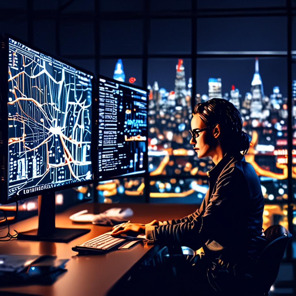 A researcher working on an open source AI model, with lines of code on the screen and a futuristic cityscape in the background, symbolizing the potential of open source AI to transform industries and societies A researcher working on an open source AI model, with lines of code on the screen and a futuristic cityscape in the background, symbolizing the potential of open source AI to transform industries and societies