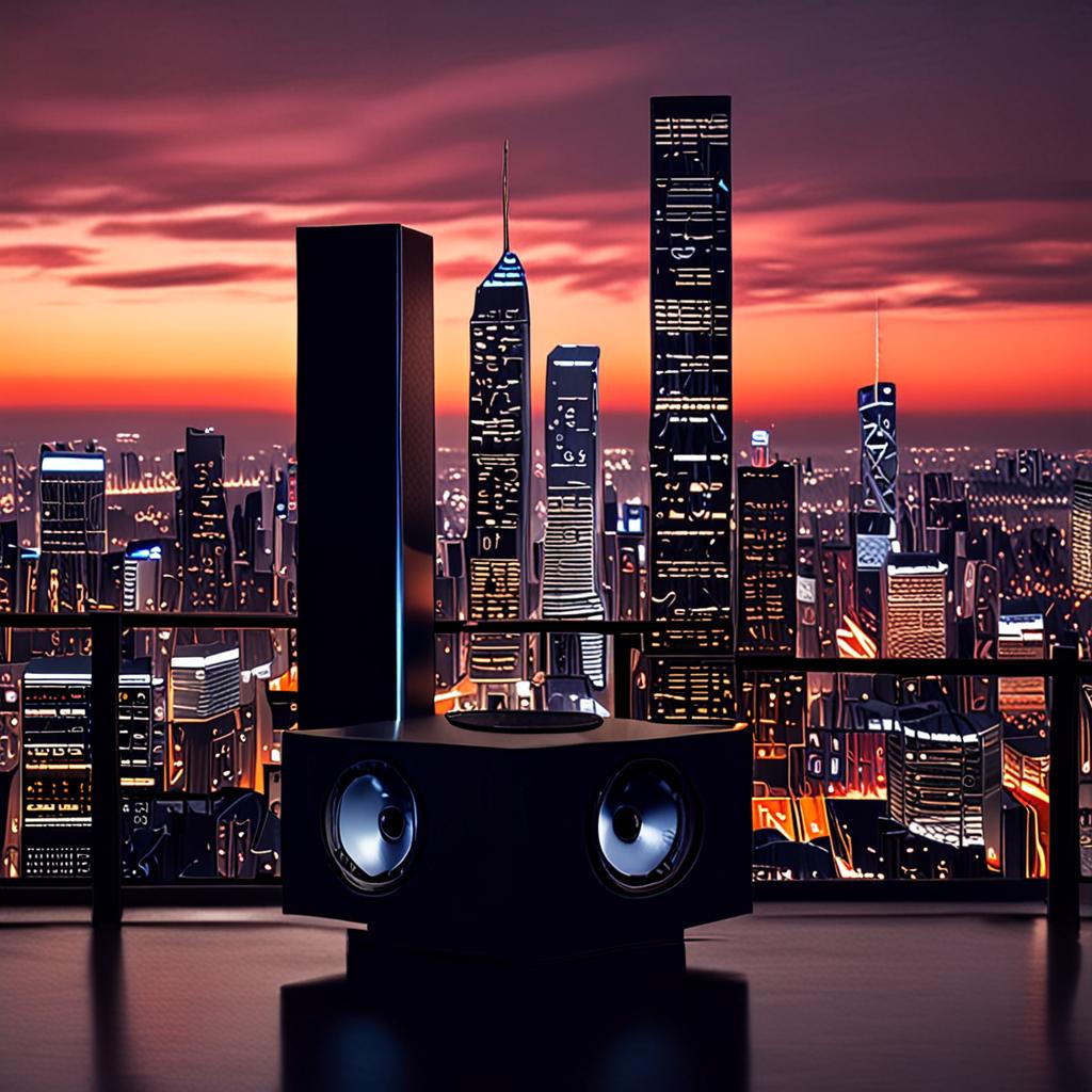 a sprawling, modern cityscape at dusk, with Souddrum P speaker systems integrated into the architecture, emitting a vibrant, immersive soundscape