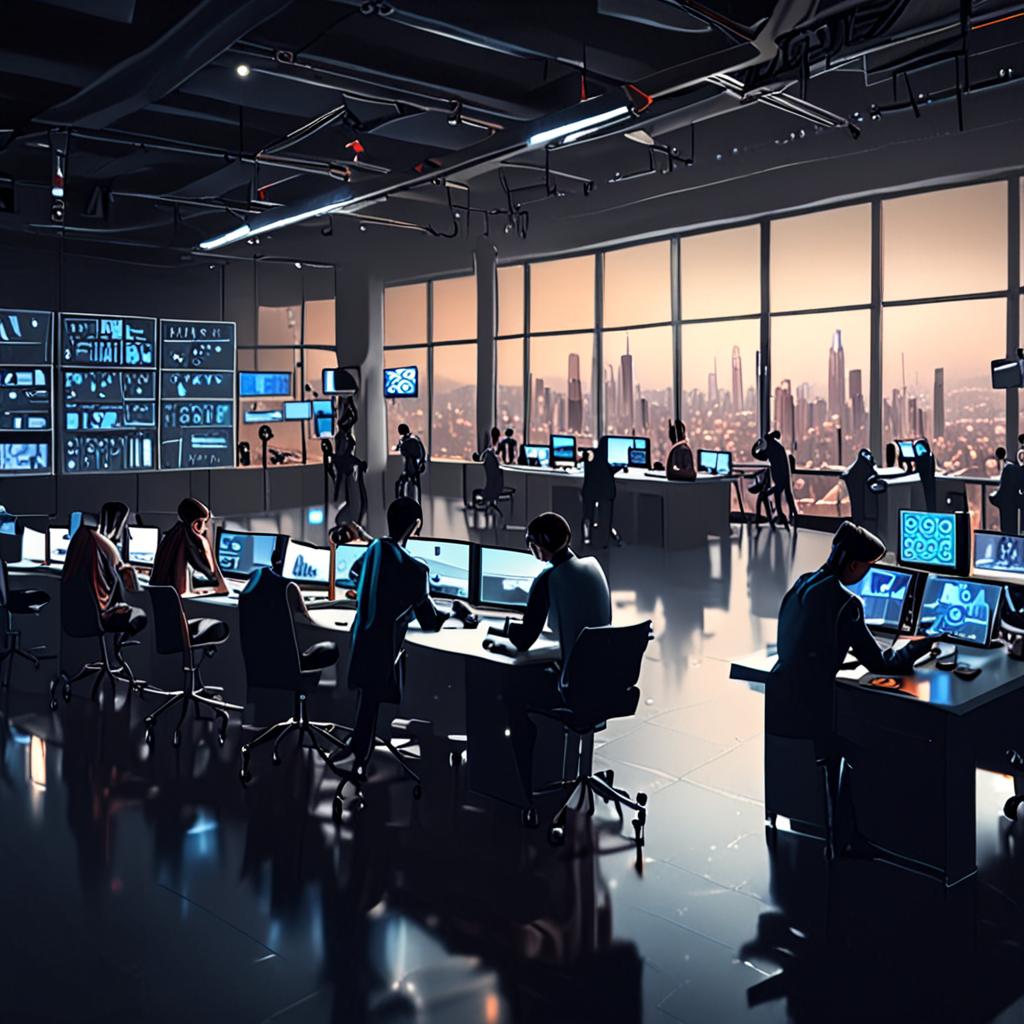 A futuristic laboratory with students working on AI-powered projects, surrounded by robots, drones, and virtual reality headsets, in a well-lit environment with a cityscape backdrop A futuristic laboratory with students working on AI-powered projects, surrounded by robots, drones, and virtual reality headsets, in a well-lit environment with a cityscape backdrop