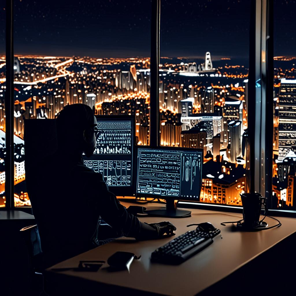 A web developer analyzing lines of code on a computer screen, with a cityscape outside the window